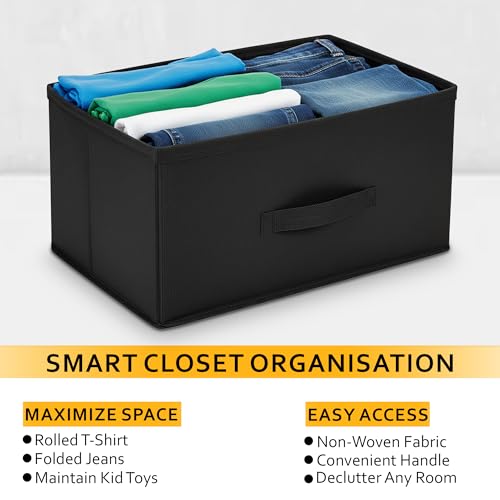Image of GLUN Pack of 1 Black Foldable Storage Organiser Box with Label Holder, Wear & Tear-Resistant Fabric, Water-Resistant Portable Fabric Closet Organisers, Shelf Baskets for Storage