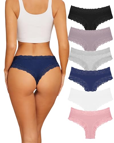 Image of Sth Big Womens Cotton Underwear Sexy Lace Brazilian Panties Soft Breathable Cotton Bikini for Ladies 6 Pack