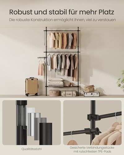 SONGMICS Teleskopstange Kleiderständer, 3-stufige Garderobe, höhen- und breitenverstellbar, offener Kleiderschrank mit 2 Kleiderstangen und Abnehmbarer Ablage, Greifarm, Mattschwarz HSR136B01