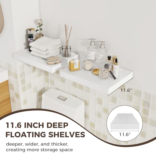Image of Fun Memories 12 Inch Deep Floating Shelves, 16 x 12 Wooden Wall Shelves, Extra Deeper & Thicker Rustic Wall Mounted Storage Shelf for Fireplace, Living Room, Kitchen, Farmhouse, White - 2Pack