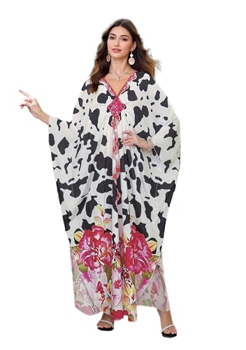 Image of sunforyou Caftans for Women 4XL Black Elegant Moomoo Dresses70s Kaftan Cow Print Floral Bikini Cover up Lightweight Loungewear(2604)