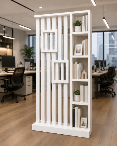 Image of Modern Wooden Room Divider with Storage Shelves | Partition for Living Room & Entryway | Decorative Display Rack with Vertical Slats ((120X48X6 White))