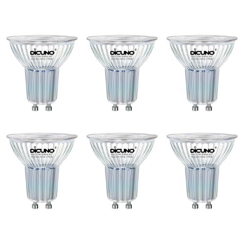 DiCUNO Bombillas LED GU10 5W, Equivalentes a 50W Halógenas, Blanco cálido 2700K, 600 Lúmenes, LED GU10 230V, Focos MR16 sin parpadeo, Haz de Luz 40°, Lámpara Reflectora No regulable, Vidrio, 6 Piezas