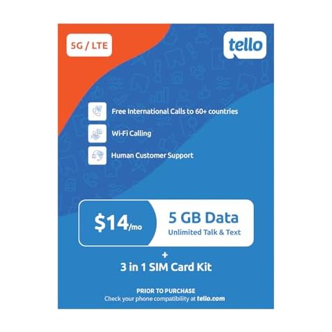$14/Month - 5GB Data + Unlimited Minutes & Texts | Tello Mobile Prepaid Phone Plan | Bring Your Own Phone Kit | 3 in 1 SIM Card Included | US Nation-Wide 4G LTE/5G Coverage Cover