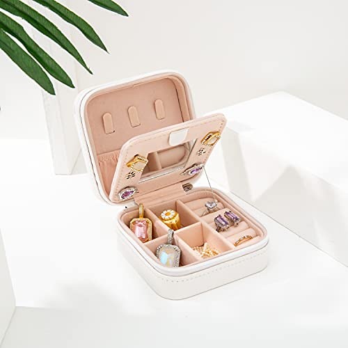 Image of KElofoN Travel jewelry case Travel jewelry box Travel Jewelry Organizer Small Jewelry Organizer Box for Girls Women with Mirror (White-5)