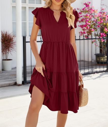 Image of Womens Summer Dress Ruffle Sleeve V Neck Midi Dresses Casual Fit Flowy Tiered Boho Beach Vacation Sundress