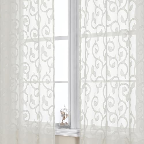 OWENIE Furman Ivory Sheer Curtains 90 inches Long for Bedroom Living Room 2 Panels Set, Light Filtering Soft Semi Sheer Jacquard Clip Farmhouse Curtains Rod Pocket Design, 52Wx90L inch