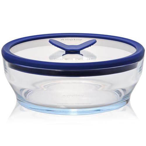 Anyday 4-Cup Glass Food Storage with Glass Lid, Round Shallow Dish | Plastic-Free Meal Prep & Microwave Cookware | Stackable Airtight Storage Container with Vented Lid for Microwave-Safe Reheating