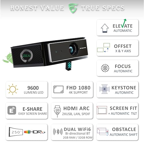 Image of E Gate O9 Zen 810 ANSI Projector with Auto Physical Incline + Digital Offset, Auto (Focus, Keystone, Screen Fit, Obstacle Shift), ARC HDMI, FHD 1080, 4k HDR Support, Android9, 2GB /32GB (EO9023,Black)