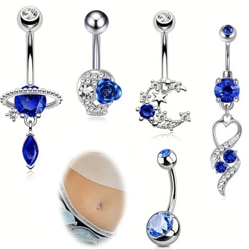 ZILZUFA Piercing Nombril en Acier Chirurgical avec Strass Bleu, Barre en Argent pour Piercing...