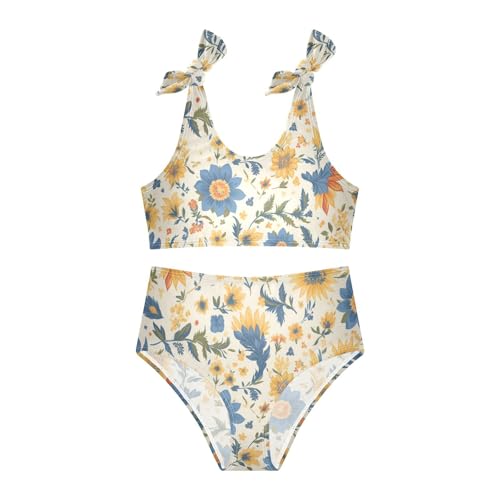 KLL Paisley Watercolor Floral Pattern Tile Flowers Girls 2 Piecing Bikini Sets Scoop Neck Bathing Suit Swimwear Adjustable3