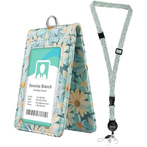 bolimoss Cute Leather Badges Holder with Double Sided Windows, Daisy Floral ID Name Badge Card Holder with Quick-Release Buckles & Adjustable Retractable Lanyards, Breakaway Neck Lanyards for Women Cover