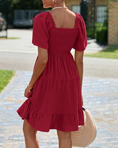 Image of BTFBM Womens Summer Smocked Mini Dress Spring Square Neck Flutter Sleeve Casual Ruffle Swing Boho Beach Dresses Pockets