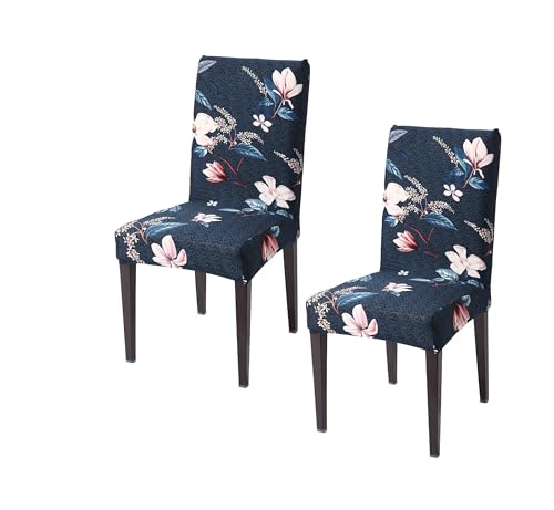 Image of Stretchable Dining Chair Cover - Washable, Removable, Anti-Slip, Protector, Universal Fit (Set of 2, Blue Floral)