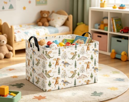 Image of Rectangular Kids Basket Baby Girl Basket Fabric Storage Bin Organizer Box Room Decor(Castle Dinosaur)