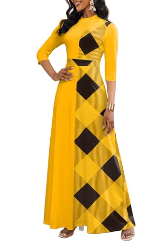 Image of FANDEE Womens Elegant Maxi Dresses Mock Neck Colorblock Casual Long Dress | 3 /4 Sleeve, empire waist, pockets & back hidden zipper, designed for semi formal church cocktail daily wear
