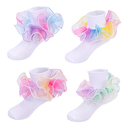4 Pairs Toddler Girls Big Ruffle Rainbow Socks Double Lace Sock Turn Cuff Shimmering Frilly Dress for Infant Kids 1-10 Years