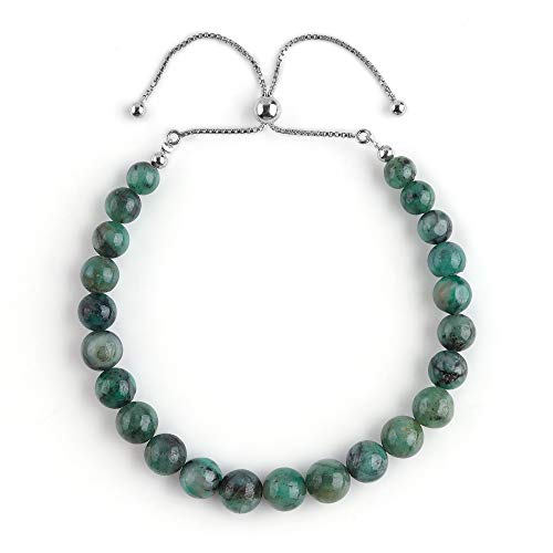 Natural Emerald Gemstone Beads Bolo Bracelet, 925 Sterling Silver, Rhodium Plated, May Birthstone, Chakra Healing Crystals, Adjustable Slider, Women Jewelry, Christmas Gift, Size 10 Inch #TOP2