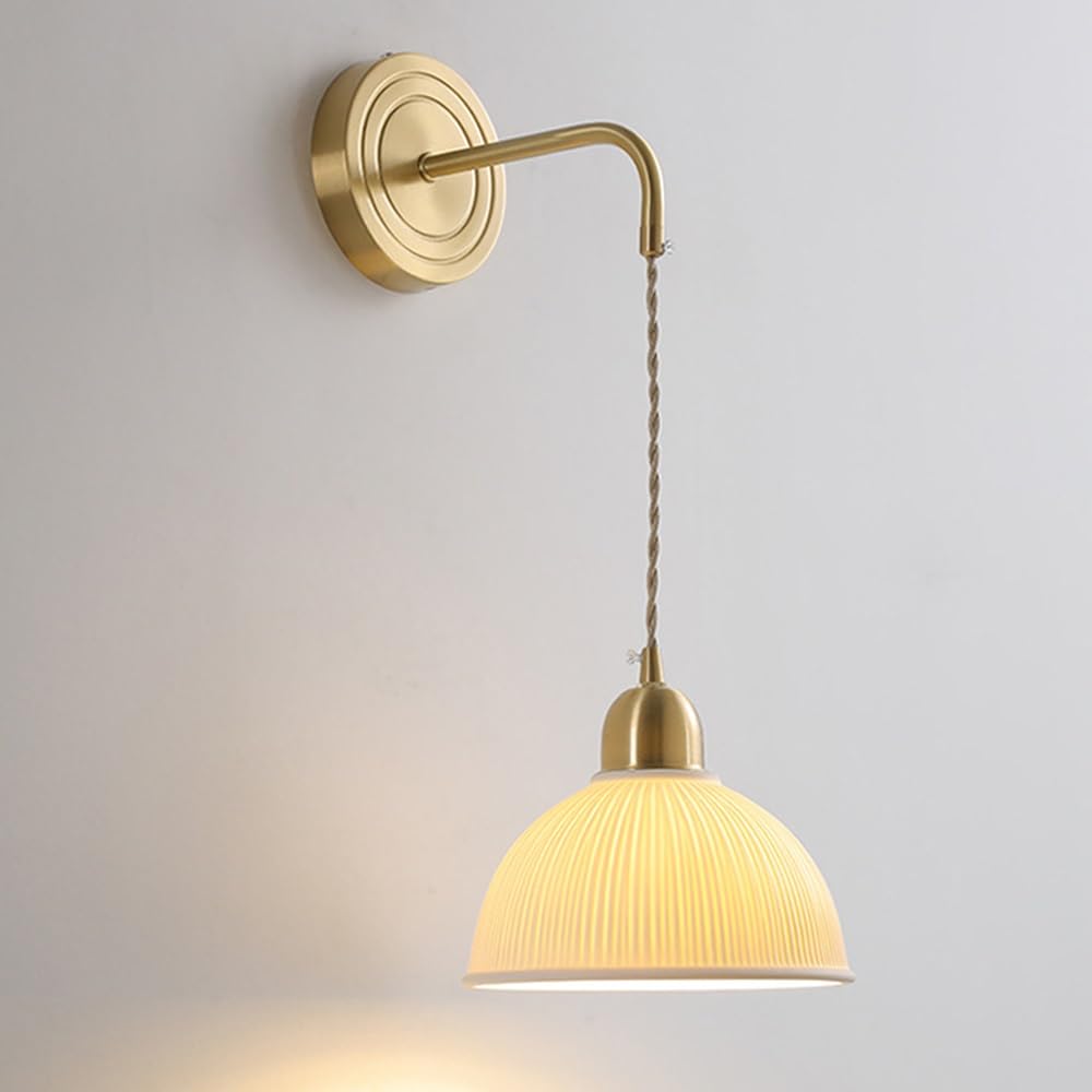 SMCCYYSD Indoor Copper Wall Sconce, 1-Light Hardwired Vintage Mount Lamp Fixture with 7.5" Bowl Ceramic Shade Bedside Reading Bedroom Hallway Bathroom Lighting