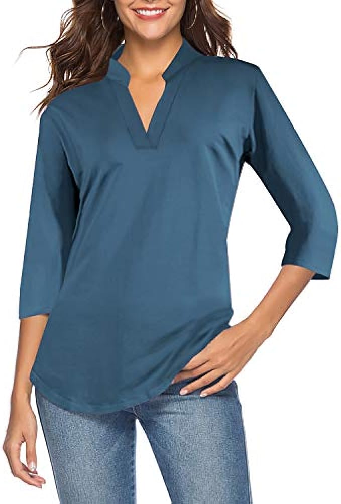 CEASIKERY Women's 3/4 Sleeve Floral V Neck Tops Casual Tunic Blouse Loose Shirt 010