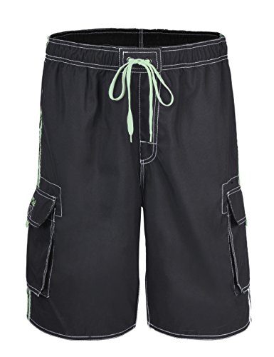 Nonwe Men's Beachwear Board Shorts Quick Dry with Mesh Lining Swim Trunks Black with Green Strap 36