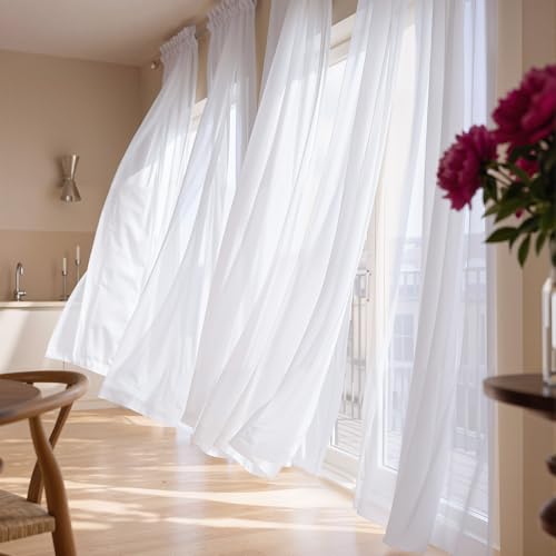 Image of NICETOWN White Sheer Curtains for Living Room, W37xL84, 2 Panels | Rod Pocket Soft Lightweight Flowing Drapes Voile Sheer Air & Breathable Elegant Window Treatments for Bedroom