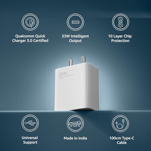 Image of 33w Rapid Charger Adapter with USB-C Cable, Quick Charge 3.0 Power Adapter Compatible with Redmi Note Series, Poco, Mi, Any Type C Devices - with Power Delivery (White)
