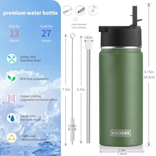 Image of koodee Water Bottle-16 oz Stainless Steel Double Wall Vacuum Insulated Sports Water Bottle with Straw for Girls and Boy (Grass Green)