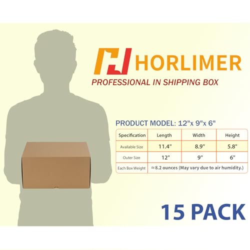 Image of HORLIMER 12x9x6 inches Shipping Boxes Set of 15, Brown Corrugated Cardboard Box for Mailing, Packaging, Small Business