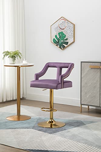 Qqu Modern Bar Stools 360°Swivel Velvet Adjustable Counter Bar Stool With Arm, Back And Footrest Modern Upholstered, Barstools For Kitchen Island, Cafe, Pub, Bar (Purple) #TOP1