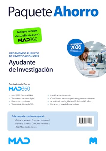 Oposiciones Ayudante de Investigación de los Organismos Públicos de Investigación (OPIS). Paquete Ahorro de Libros y Curso MAD360 Oposiciones Ayudante de Investigación de los Organismos Públicos de Investigación (OPIS). Paquete Ahorro de Libros y Curso MAD360