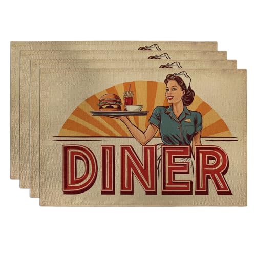 Vintage Retro Diner Placemats, Beige Nostalgic Table Mats for Kitchen Dining, Non-Slip Washable Indoor Outdoor Party Decorative Placemat Set of 4