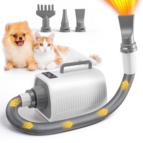 Pulseur pour Chien, Puissant Sèche-Cheveux pour Chien Blower avec Vitesse et Température Réglables, 3 Embouts, Tuyau Flexible, écran LCD, Souffleur pour Chiens et...