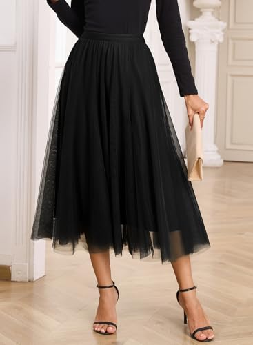 Happy Sailed Womens Tulle Skirt Fall Fashion Elastic High Waisted A-Line Layered Flowy Long Tutu Skirts Date Night Outfits3