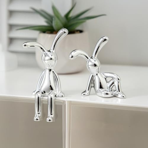 Set de 2 estatuas decorativas de conejo blancas y doradas