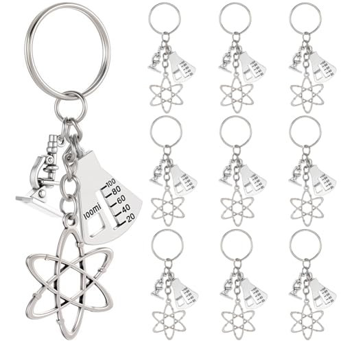 SUNNYCLUE 1 caja de 20 llaveros con Símbolo Científico, Átomo, Aleación de Metal Plateado, Biología, Química, Científico, Botella, Microscopio, Decoraciones, Llavero con Dije para Profesores, Estudian