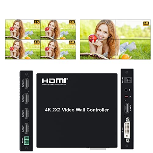 4K 2X2 Hdmi Video Wall Controller Splitter, Hdmi+Dvi Input 3840X2160/30Hz Tv Wall Processor With Audio Out, 180 Degree Rotation 1X1 1X2 1X3 1X4 2X2 2X1 3X1 4X1 Modes,With Rs232 +Remote Control #TOP7