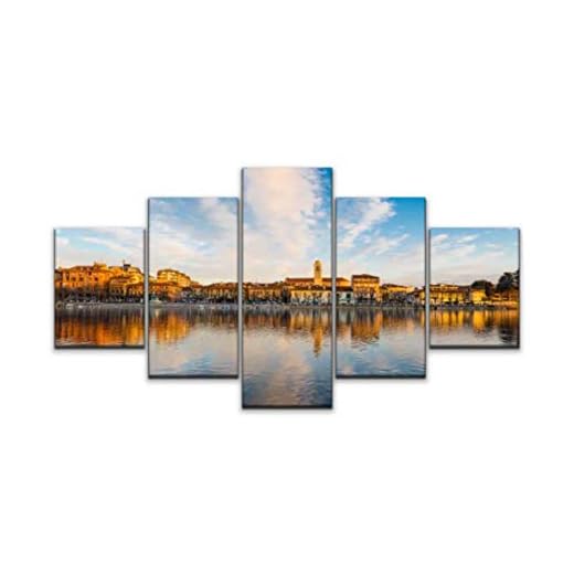 5 panels Wall Art Print On Canvas sesto calende lake maggiore ticino river northern italy beautiful Modern Abstract Picture Poster for Home Decor Stretched and Framed Ready to Hang (60''Wx32''H)