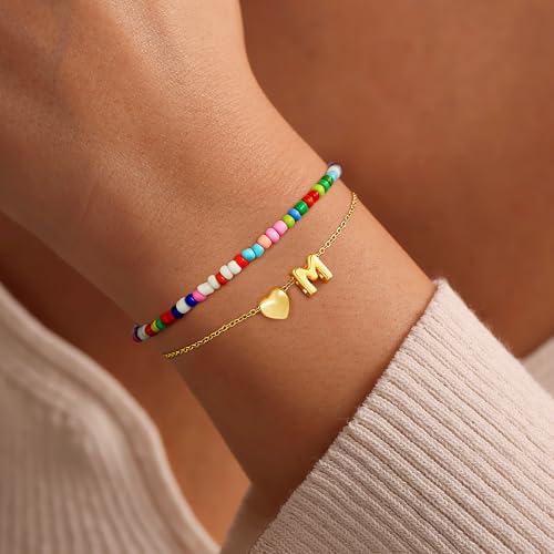 M MOOHAM Initial Bracelets for Women - 14K Gold Plated Dainty Heart Letter A-Z Bracelet Colorful Beaded Initial Bracelet Layered Bracelets Jewelry Gifts for Women Lover Bridesmaids Friends2