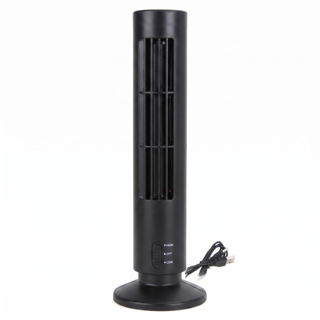 Ameble Bladeless Mini Tower Fan 2-Speed USB Fan Blows Cold Air Quiet Operation Energy Efficient 10.5x33cm - Black