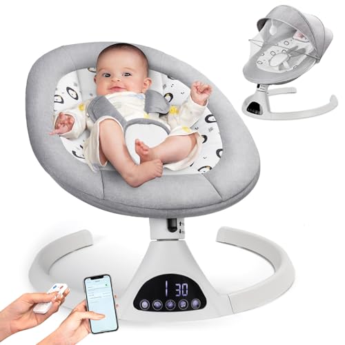 Electric Baby Swing for Infants to Toddler Portable Babies Swings Timing Function 5 Swing Speeds Bluetooth Touch Screen Music Speaker with 10 Preset Lullabies 5-Point Carabiner Gray