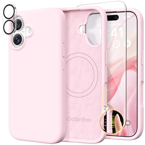 GolbinBox Magnetic for iPhone 17 Case, Compatible with MagSafe, Screen Protector + Camera Lens Protector, Liquid Silicone Shockproof Phone Cover with Anti-Scratch Microfiber Lining, Chalk Pink