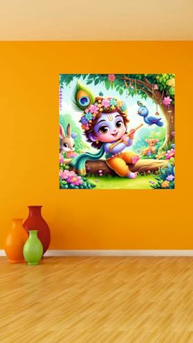 Image of Akki World Bal Krishna With Tree Basuri God Wall Poster For Pooja Room, Office, Bedroom (Size- 46Cm X 46Cm)