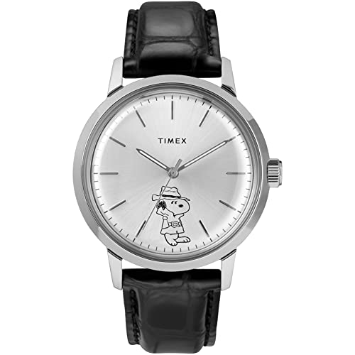 Timex 40mm Timex Marlin Automatic X Peanuts Featuring Snoopy Secret Agent Leather Strap Watch Silver/Silver/Black One Size