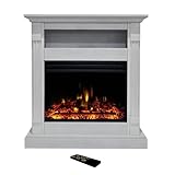 Cambridge Sienna 34 Inch Freestanding Fireplace Mantel with Storage Shelf and 1500W Electric Heater Insert with Deep Log Display, Colorful Flames, Remote Control, White