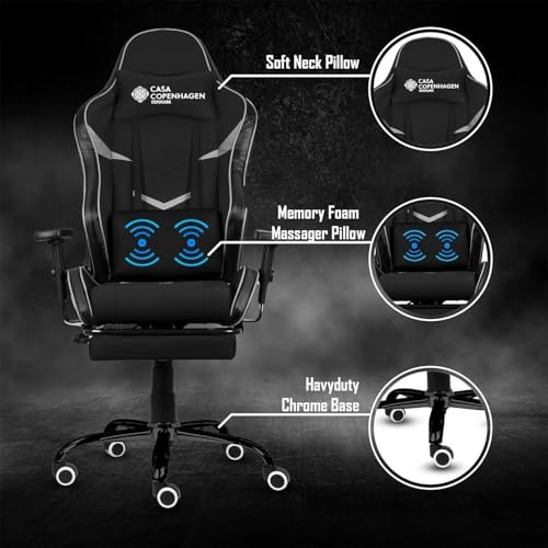 Image of Casa Copenhagen Designed in Denmark,High-Back Italian Leather Gaming Ergonomic Chair with Advanced Mechanism & Electric Back Massager, Memory Foam Seating & Multi Function Arm-Rest - Black & Black