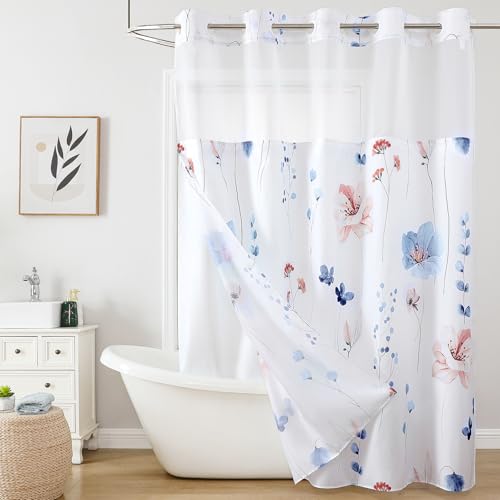 QiyI Flower Shower Curtain with Snap in Fabric Liner, Blue Watercolor Floral Cloth Bath Curtains, No Hook Shower Curtains with Mesh Top Window, Fabric Waterproof Bathroom Curtain Set, 72 x 75 Inch