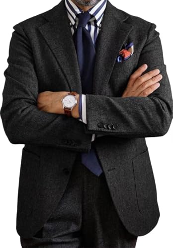 Men's Vintage Herringbone Blazer 2 Button Wool Blend Business Sport Jacket with Pockets