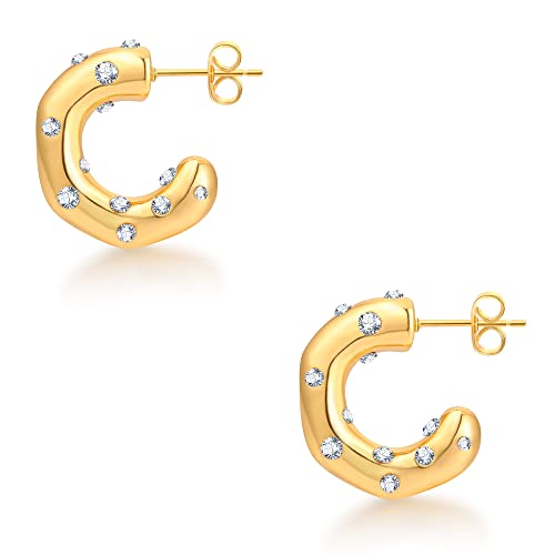 Chunky Gold Hoop Earrings For Women,18K Gold Plated Small Thick Open Gold Hoops Trendy Pearl Twisted Cz Earrings For Teen Girls #TOP12