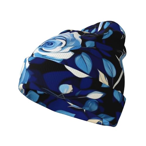 LNNIUK Gorro de invierno con estampado de rosas y flores azules para hombres y mujeres, sombreros de punto con puños, regalos de Navidad, Negro -, talla única